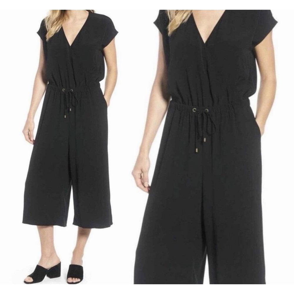 Eileen Fisher Black V-Neck Drawstring Waist Cropped Wide Leg Jumpsuit S/P - Picture 2 of 9
